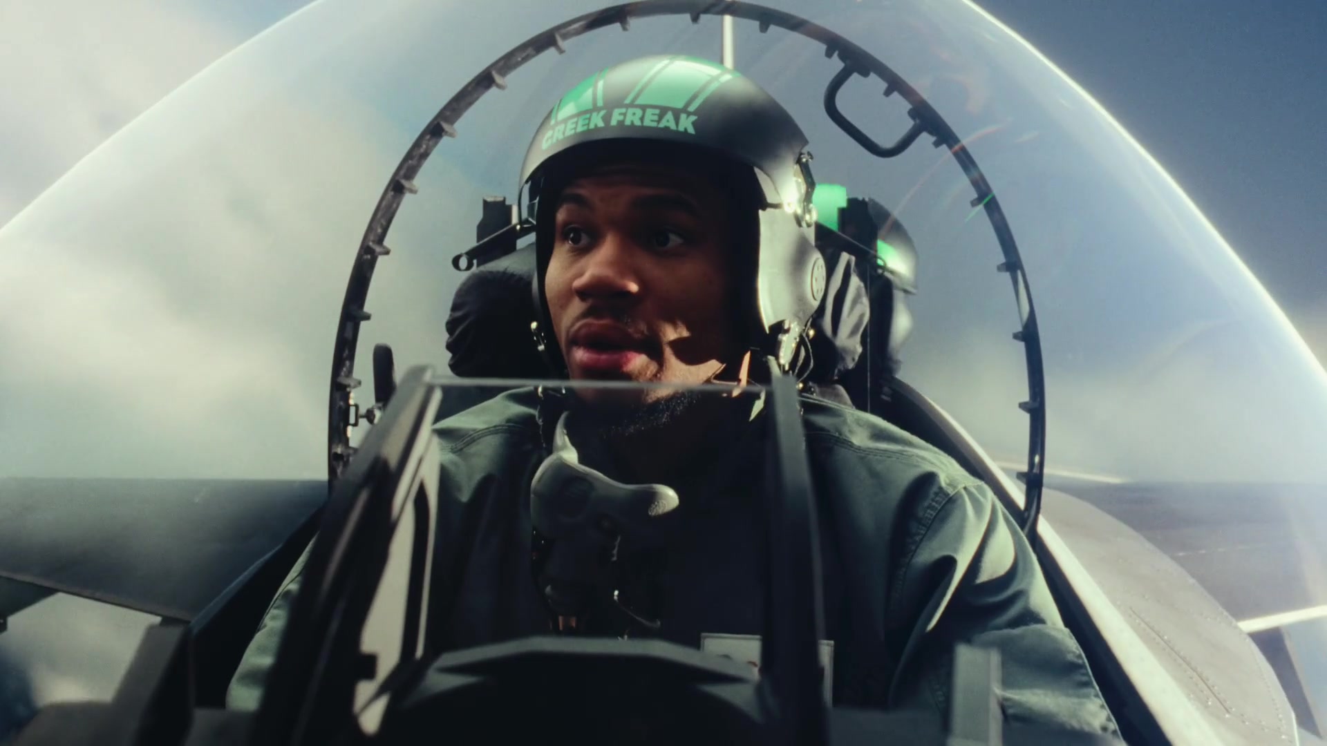 Giannis Antetokounmpo in a cockpit in Femi Ladi’s Castrol film