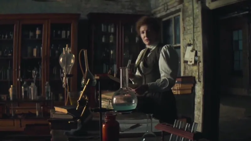 A scientist stands beside glassware and books in a dim laboratory.