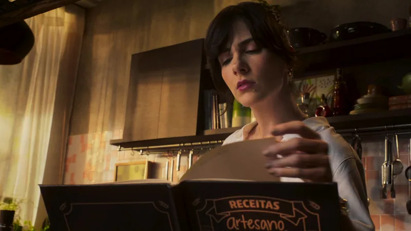 A woman reads a cookbook in a warmly lit kitchen.