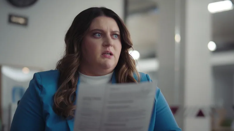 A woman in a blue jacket reacts while holding a sheet of paper.