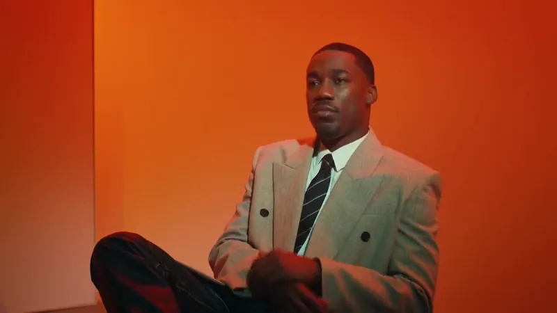 GIVEON sits in a suit on a vivid orange set.