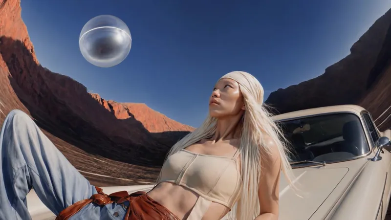 A woman sits beside a white car beneath a floating silver sphere.