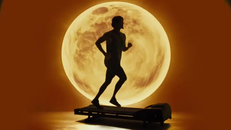 A runner on a treadmill is silhouetted against a golden moon.