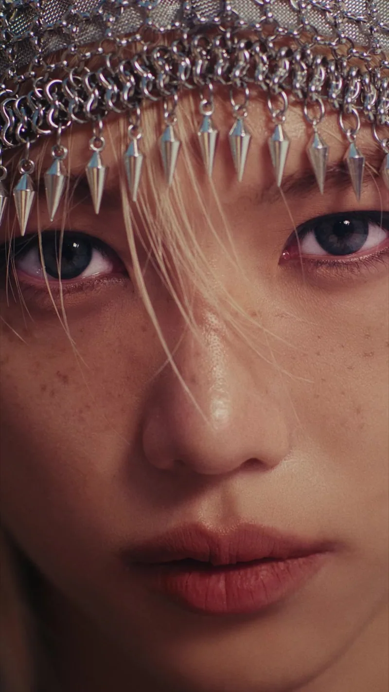 Model wearing a jeweled headpiece in a Tamburins perfume film