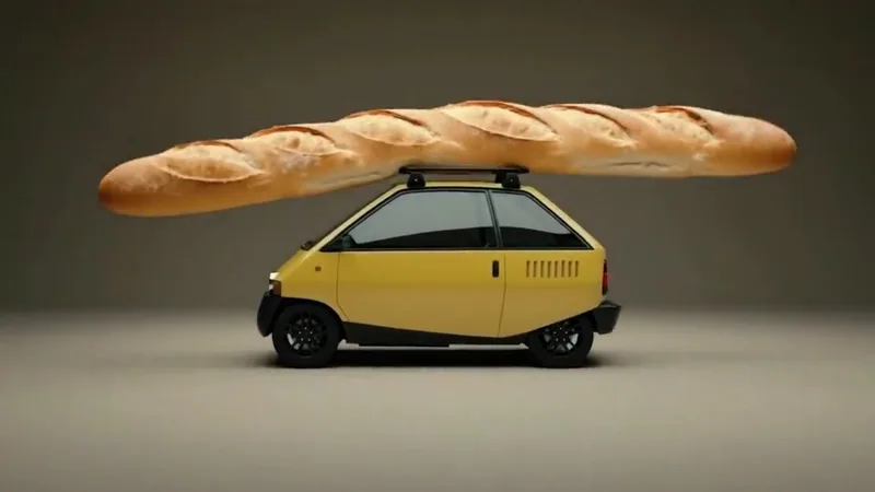 A tiny yellow car carries an oversized baguette on its roof.