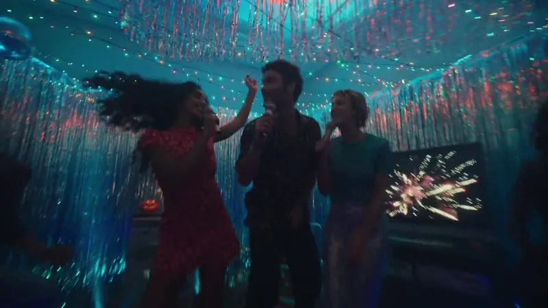 Friends dance beneath shimmering party decorations.