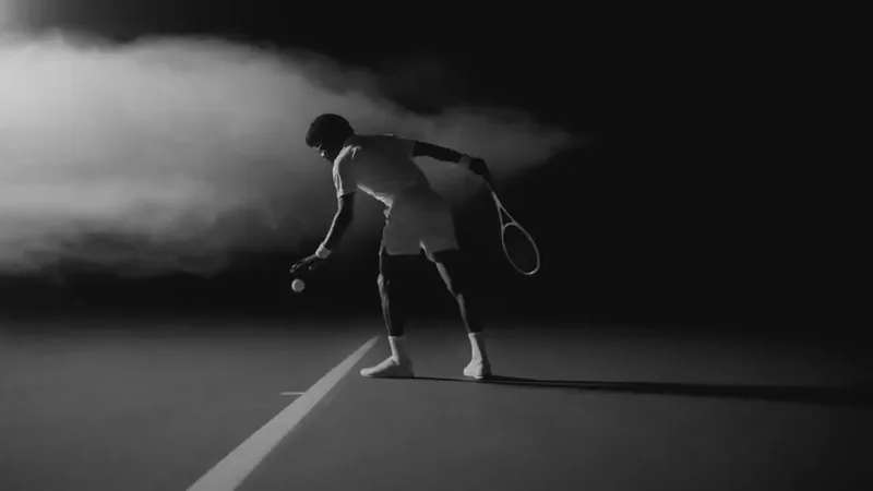 A tennis player stands beneath a low cloud over a monochrome court.
