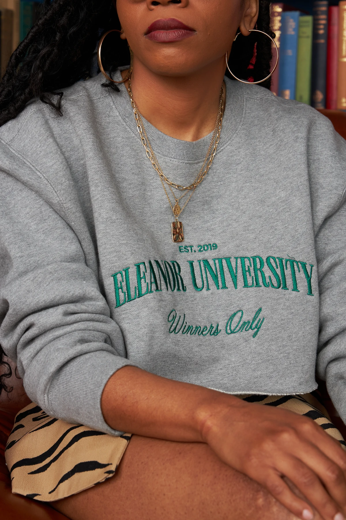 Grey Eleanor University sweatshirt with green Winners Only embroidery
