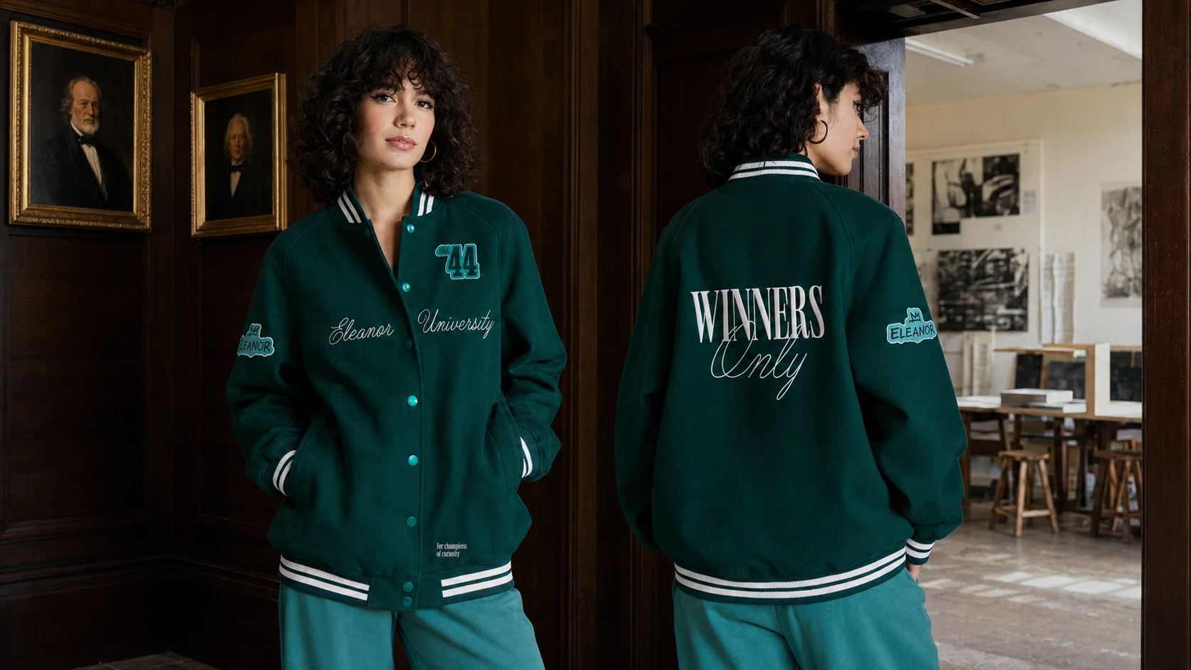 Front and back of the forest-green Eleanor University Winners Only varsity jacket