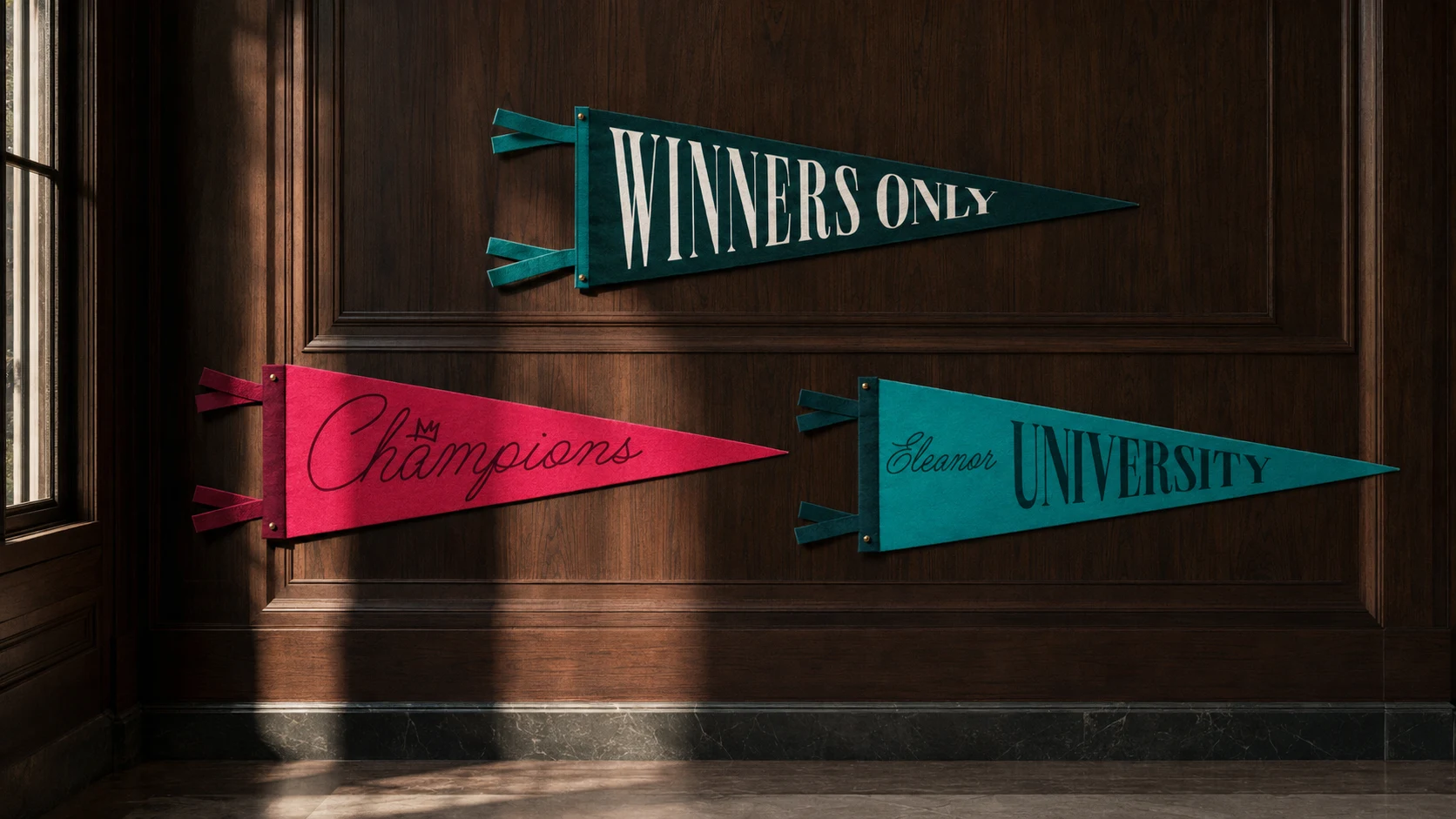 Winners Only, Champions and Eleanor University pennants in green, pink and turquoise
