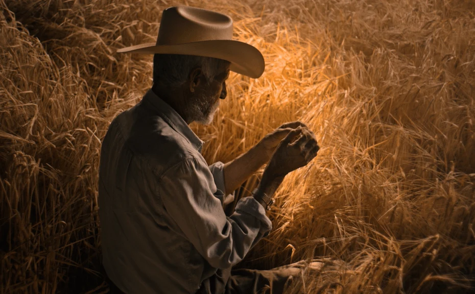 A farmer in a hat examines grain in the golden light of a barn, from Cheers to Farmers