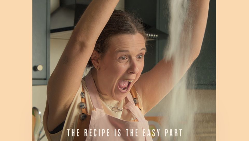 Rosie Jones in the kitchen artwork for Folding In, captioned The Recipe Is the Easy Part