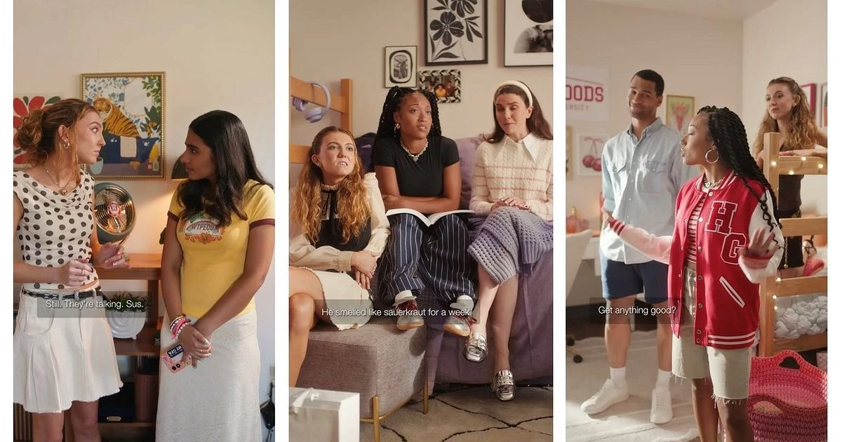 Three vertical scenes of students talking in decorated dorm rooms in HomeGoods’ Back to Campus campaign
